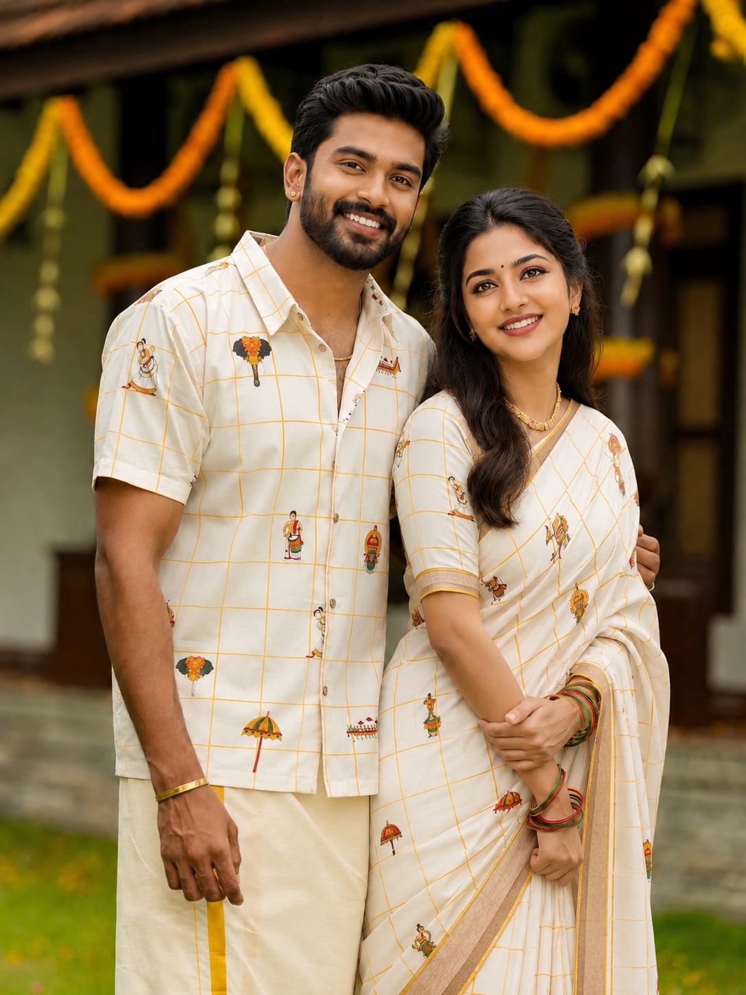 Kerala Onam Cotton Shirt & Gold Kara Mundu Combo Set